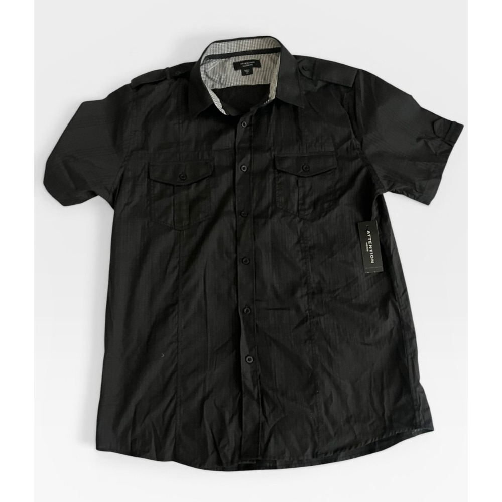 Attention Mens Modern Fit Black Textured Short Sleeve Button Down Shirt Large